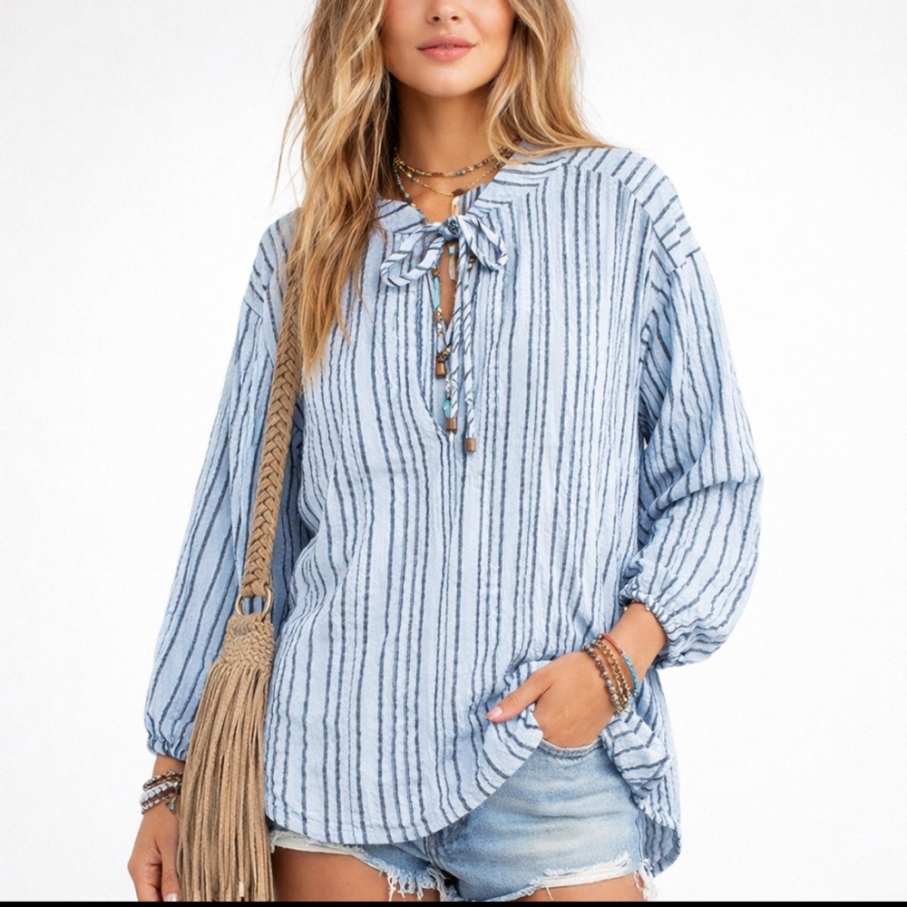 Free People Women’s Tunic Blue Stripe Textured Balloon Sleeve Tie Front Medium